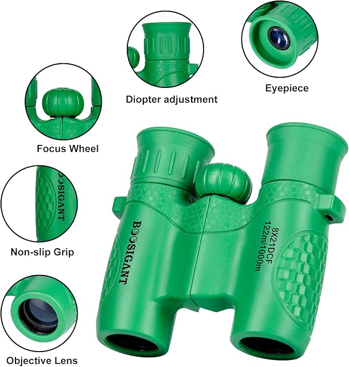Binoculars for Kids 8x21, Gift for 3-12 Years Boys & Girls, Compact Kids Binoculars High-Resolution Shockproof Mini Binoculars for Bird Watching, Hiking, Camping, Travel Green 301-CubbioJoy