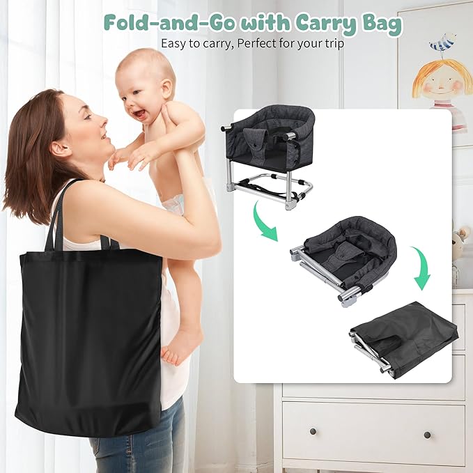 Booster Seat for Dining Table: Portable Toddler Booster Chair with Safety Buckle and Height Adjustable, Foldable Baby Feeding Chair, Kids High Chair Booster Seat for Kitchen Home Travel - Black-CubbioJoy