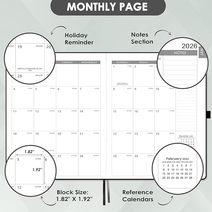 2026 Planner - 2026 Planner Weekly and Monthly, JAN 2026 - DEC 2026, Calendar Planner with Hardcover,Thick Paper, Back Pocket, Notes Pages, Pen Loop (9" x 11") - Black-CubbioJoy