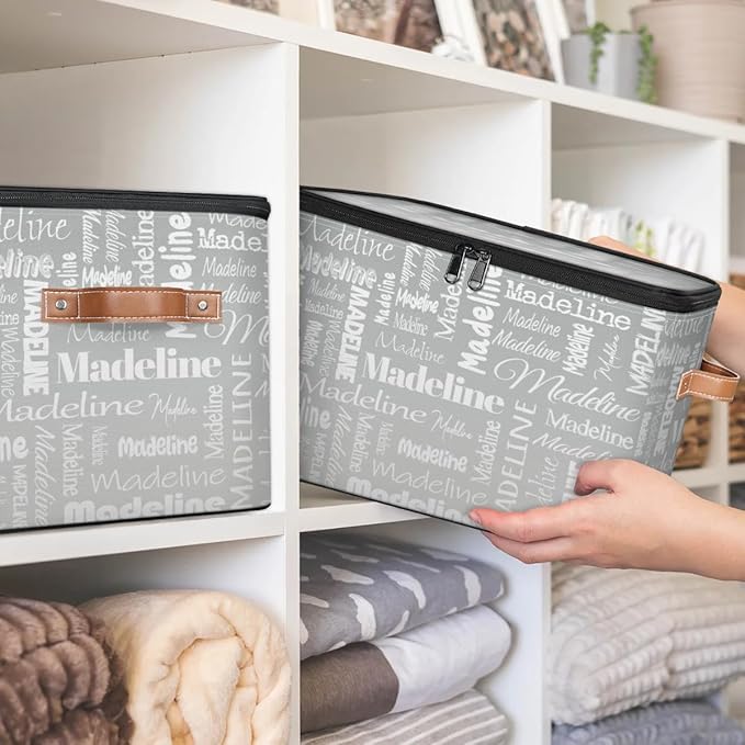 Custom Storage Basket with Name, Personalized Storage Bins with Zipper Lid, Foldable Fabric Storage Box Large capacity with Handle Grey-CubbioJoy