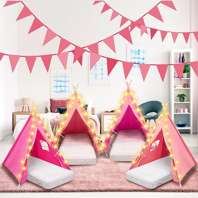 6 Pack Sleepovers Teepee Tent for Kids Bulk with Mattress Sheet Light,Natural Cotton Washable Indoor Play Tent for Birthday Slumber Party Girls Boys Pajama Movie Night Supplies(Pink, Rose Red)-CubbioJoy