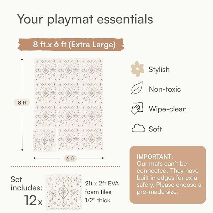 Baby Play Mat for Floor – 6x8ft Vintage Coffee | Soft Non Toxic Premium EVA Foam Tiles for Tummy Time, Crawling & Playroom – Waterproof Floor Mat for Babies & Toddlers Lillefolk (12 Tiles)-CubbioJoy