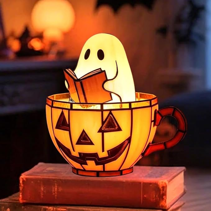Cute Pumpkin Ghost Reading Book Lamp, USB Cute Spooky Night Light - Halloween Decor, Light Up Pumpkin Ghost Nightlight for Bathroom, Reading, Kids Room Gift-CubbioJoy