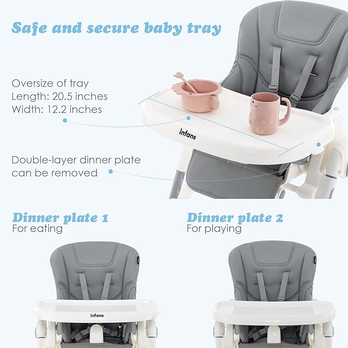 INFANS High Chair for Babies & Toddlers, Foldable Highchair with Multiple Adjustable Backrest Footrest Seat Height, Removable Tray, Detachable PU Leather Cushion, Built-in Rear Wheels (Light Grey)-CubbioJoy