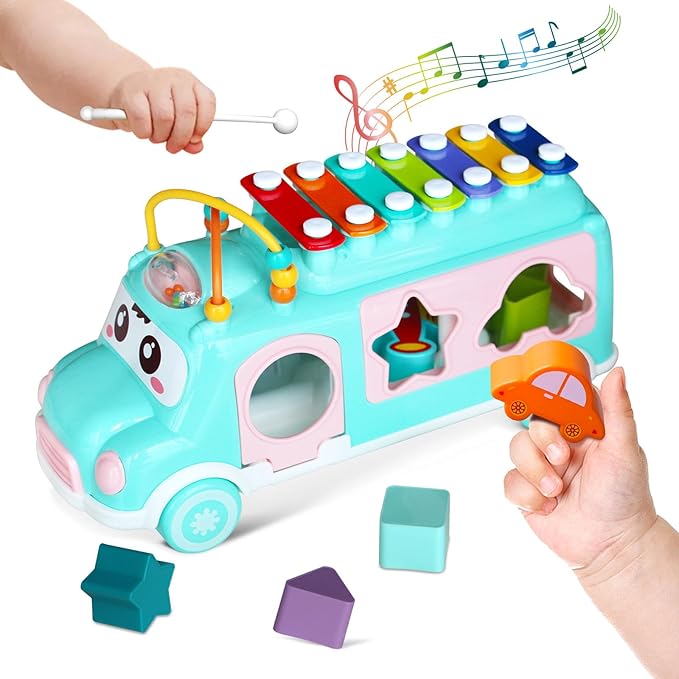 Baby Xylophone for Toddlers 1-3, Bus Shaped Toy Xylophone for Kids with Child Safe Mallet, Shape Sorting Educational Musical Toys and Instruments for Toddlers 1-3-CubbioJoy