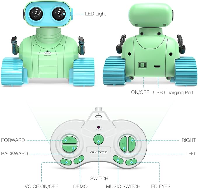 ALLCELE Robot Toys, Rechargeable RC Robots for Kids Boys, Remote Control Toy with Music and LED Eyes, Ideal Gift for Children-Green Blue-CubbioJoy