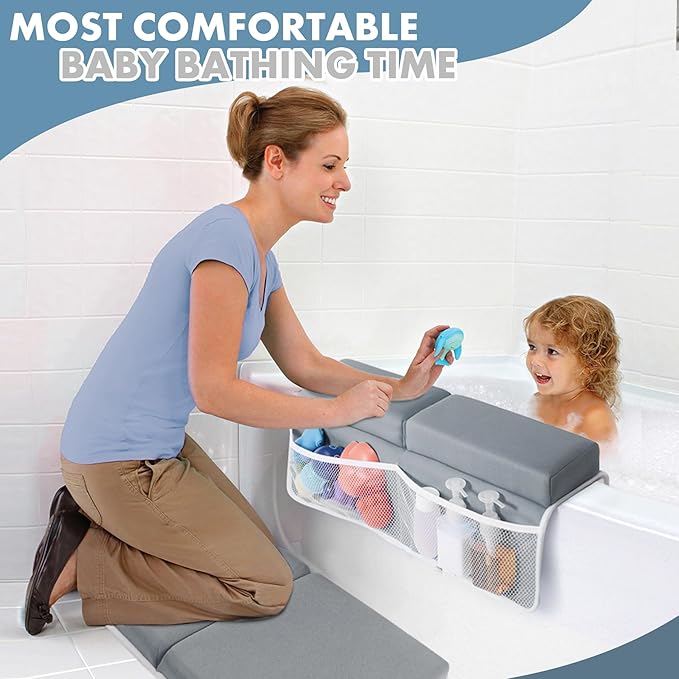 beiens Bath Kneeler and Elbow Rest Pad Set - 1.5'' Comfortable Thick Baby Bath Kneeler Pads, Quick Dry Soft Kneeling Pad for Baby Bath Time, Non-Slip Knee& Arm Support Bathtub Mat with Toys Organizer-CubbioJoy