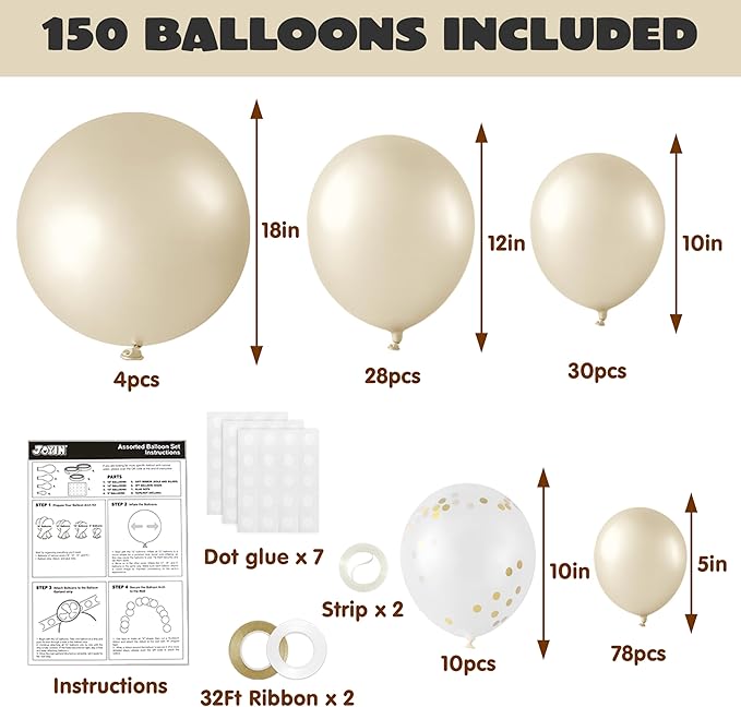 JOYIN 150 Pcs Sand White Balloons, Different Sizes 18 12 10 5 Inch Sand White Latex Balloon Arch Kit with Instruction for Birthday Party Graduation Wedding Holiday Decoration-CubbioJoy