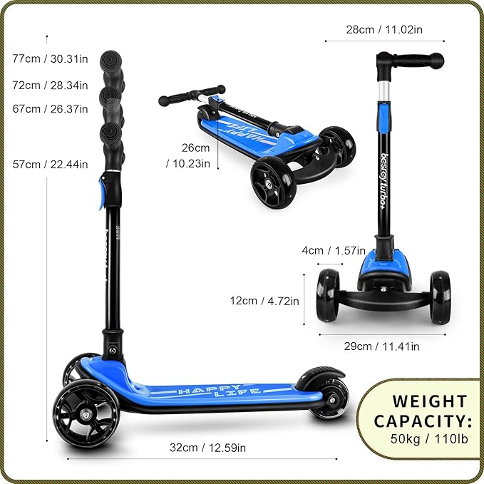 Besrey Kick Scooter for Kids Ages 3-10, 3-Wheel Folding Scooter with Adjustable Height, LED Light Wheels, Extra Wide Deck for Outdoor Activities-CubbioJoy