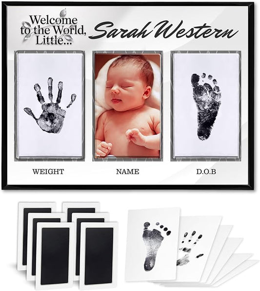 Baby Hand and Footprint Kit with Photo & Birth Details, Inkless Hand and Footprint Kit, Newborn Keepsake Plaque, Baby Shower Gifts (STYLE 1 (Fully Personalized) (Welcome To The World) (Neutral))-CubbioJoy