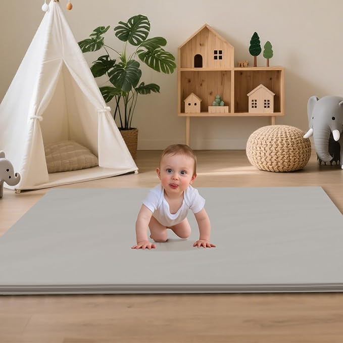 Baby Play Mat 47x47 Inches, Extra Thick 1.2" Foam Floor Mat for Tummy Time & Crawling, Waterproof Non-Slip Faux Leather Playpen Mat for Infants Toddlers, Indoor Outdoor Gym Activity, Gray-CubbioJoy