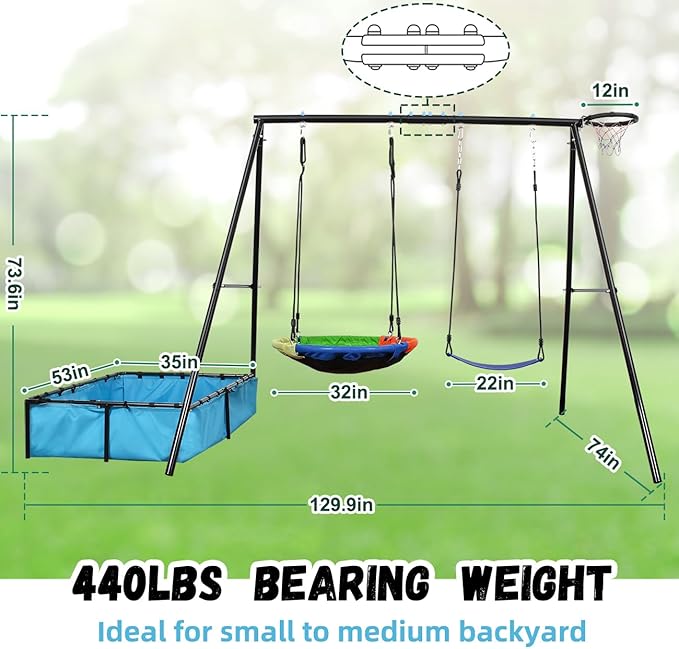 4-in-1 Heavy Duty Swing Set for Backyard – Large Metal Frame with Saucer Swing, Sandbox, Basketball Hoop & Single Swing Seat | Toddler to Kids Play Equipment | Outdoor & Indoor Use | Kids Gift-CubbioJoy