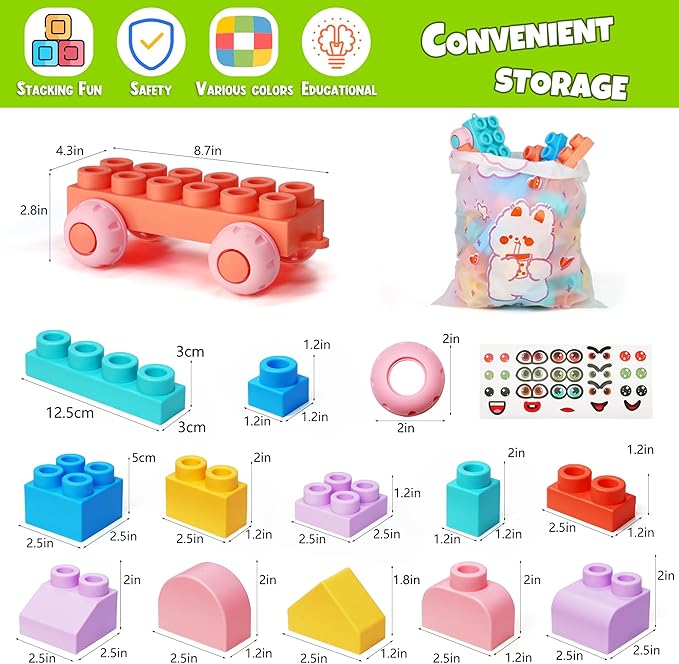 45 Pcs Soft Building Blocks for Toddlers 18M+, BPA - Free Sensory Toys, Montessori STEM DIY Construction Bricks, Safe Teething & Early Learning Toys, Creative Building Set for Baby Kids-CubbioJoy