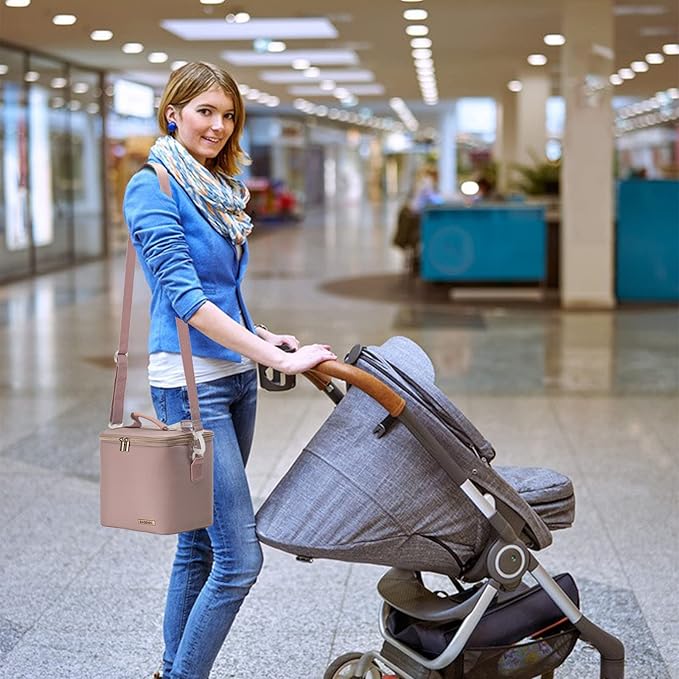 Breast Milk Cooler Bag with Ice Pack Fits 6 Baby Bottles Up to 9 Ounce, Baby Bottle Bag with Shoulder Strap for Nursing Mom Daycare, Pink-CubbioJoy