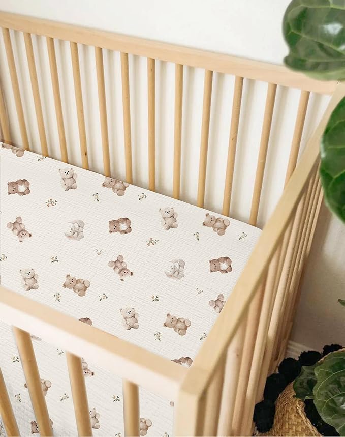 Bassinet Sheet for Baby Boy and Girl 2 Pack, Fitted Sheets for Rectangle, Oval, Hourglass Bassinet Mattress, Muslin Moses Basket Sheets with Neutral Style (Teddy & Friends)-CubbioJoy