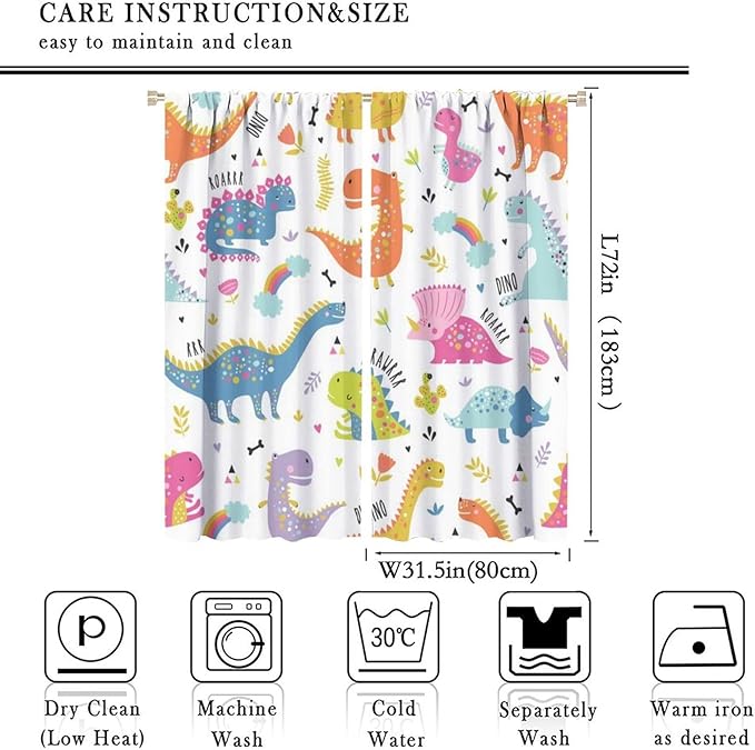 Cartoon Dinosaur Curtains for Kids Boys Girls Home Decor Childish Cute Dino Animals Print Pattern Rod Pocket Blackout Window Drapes for Nursery Baby Bedroom Playroom W31.5xL72in 2 Panels-CubbioJoy