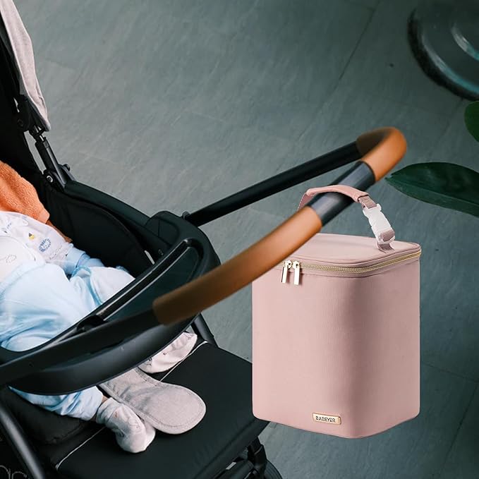 Breast Milk Cooler Bag with Ice Pack Fits 4 Baby Bottles Up to 9 Ounce, Baby Bottle Bag for Nursing Mom Daycare, Pink-CubbioJoy