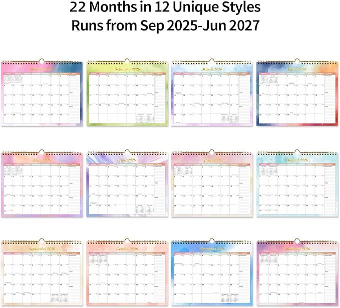Calendar 2025-2027 22 Monthly Wall Calendar Runs from September 2025 until June 2027 Spiral Binding Hanging 11.5" x 14.7" Thick Paper with Julian Dates and Block for School Office（Colorful）-CubbioJoy