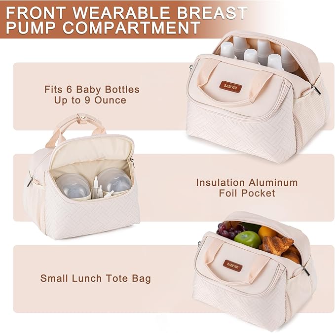 Breastmilk Cooler Bag with Ice Pack Fits 6 Baby Bottles up to 9 Ounce, Wearable Breast Pumps Cooler Bag for Nursing Mom Daycare, Work, Travel- White-CubbioJoy