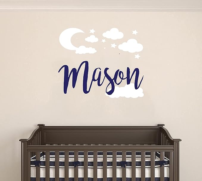Custom Name with Moon Clouds and Stars Nursery Baby Name Wall Art Wall Decal for Nursery Bedroom playroom Decoration (Wide 40x40In Height), Wide 40Inx40In Height-CubbioJoy