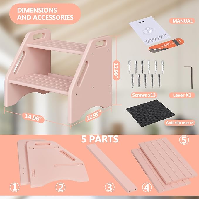 AMBIRD Wooden Step Stool, Two Step Stools Toddler 300 lbs Capacity with Safety Non-Slip Pads and Handles, Bamboo Step Stool for Bathroom, Kitchen Dual Height Step Stools for Kids (Pink)-CubbioJoy