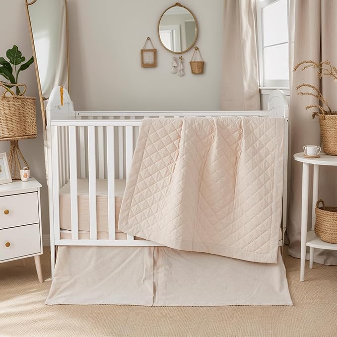 Brandream 3 Pieces Crib Bedding Set for Girls or Boys Quilt,Crib Sheet,Dust Ruffle Skirt, 100% Washed Cotton Like Linen Supersoft Farmhouse Chic Boho Beige Classic Quilted Plaid Design-CubbioJoy