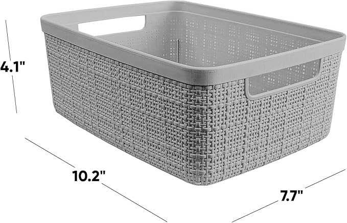 Curver Jute Decorative Plastic Organization and Storage Basket Perfect Bins for Home Office, Closet Shelves, Kitchen Pantry and All Bedroom Essentials, Small, Grey, Set of 8-CubbioJoy