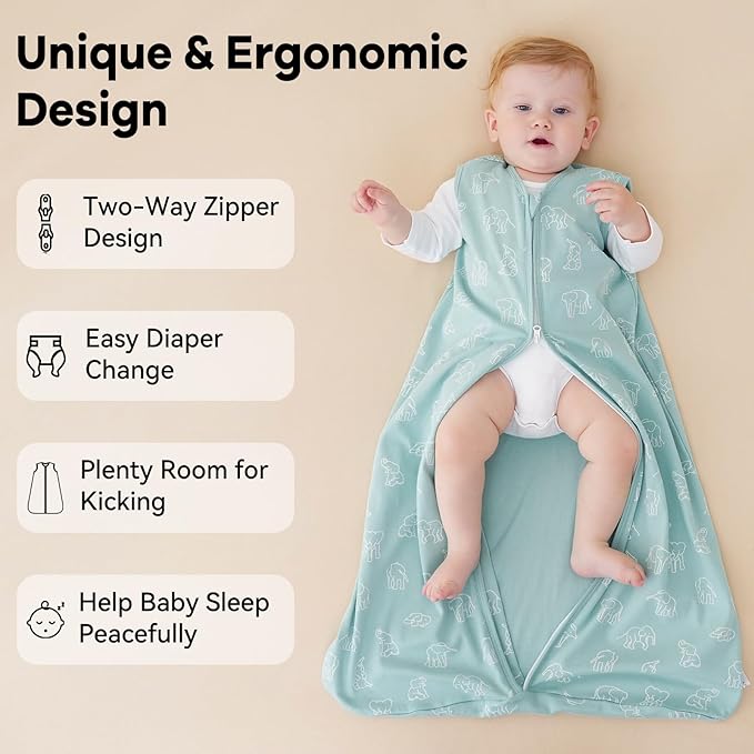 Baby Sleep Sack 6-12 Months 0.5 Tog Wearable Blanket Baby, 3 Pack 100% Cotton Lightweight Sleeping Sack with 2-Way Zipper for Newborn Infant Apricot Gray Green Elephant-CubbioJoy
