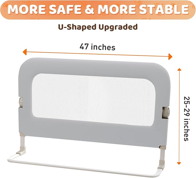 Bed Guard Rail for Toddlers - 47inch Foldable & Adjustable Height Baby Bed Safety Side Rails - Large Toddler Crib Railing Guard for Twin, Bunk, Full Size, Queen & King, Full Size Bed Grey-CubbioJoy