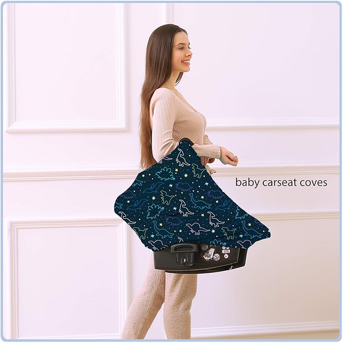 Car Seat Covers Canopy Cover - Multi-use Cover Carseat Canopy, Breathable Breastfeeding Cover, Car Seat Covers for Bbies, Boys & Girls Shower Gifts (Dark Blue Dinosaur)-CubbioJoy