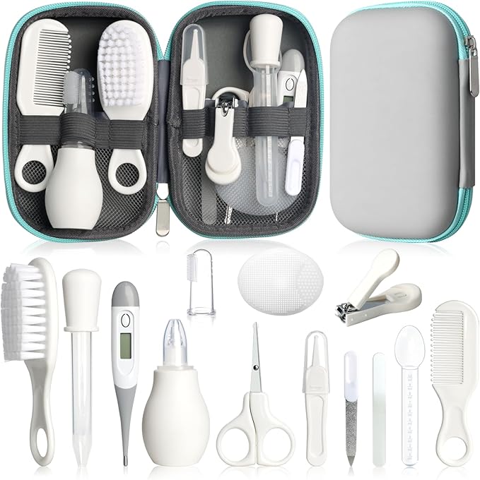 Baby Grooming Kit, Infant Safety Care Set with Hair Brush Comb Nail Clipper Nasal Aspirator,Baby Essentials Kit for Newborn Girls Boys (Grey White)-CubbioJoy