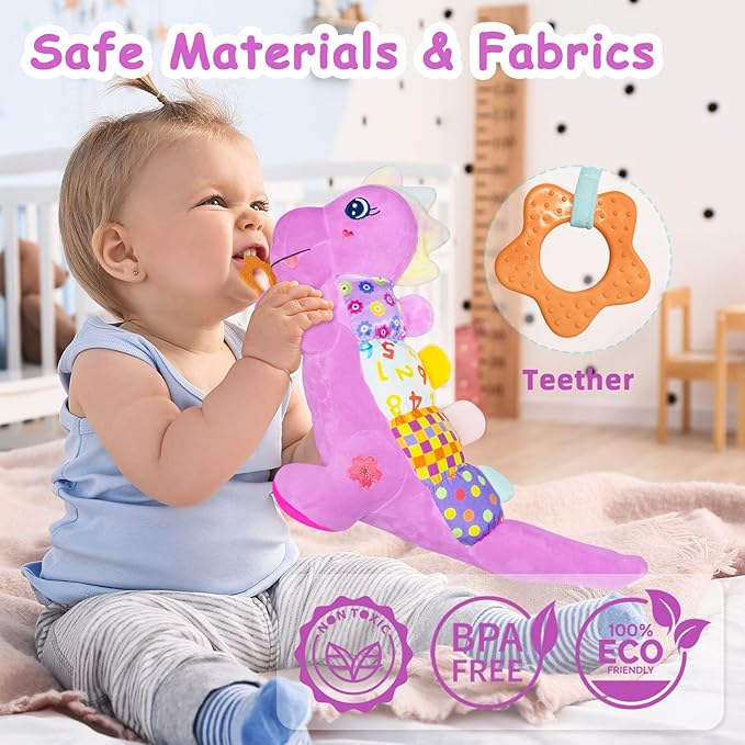 Baby Dino Plush Soft Stuffed Animal Toy for 0-3-6-12+ Months,Infant Musical Toy with Rattle,Squeaker,Sensory Crinkle,Teether & Textures,Toys for Christmas Baby Gift for Newborn Girl Boy (Purple)-CubbioJoy
