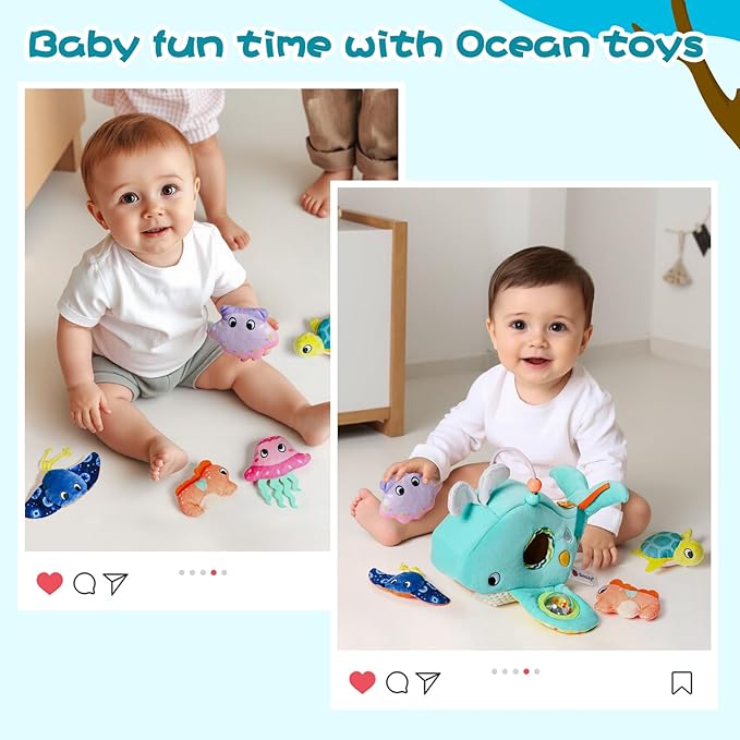 Koty Baby Toys 6-12 Months, Montessori Sensory Toys,My First Ocean Whale House Toy with 6 Sea Animals | Bell Shell, Squeaky Seahorse & Crinkle Paper | Baby Gift-CubbioJoy