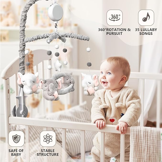 Baby Crib Mobile - Elephant Crib Mobile for Girls with 25 Inches Mobile Arm and 35 Lullabies Musical Box, 3 Modes Digital, Volume Control, Essential Gift for Infant Bedroom Hanging Decor-CubbioJoy