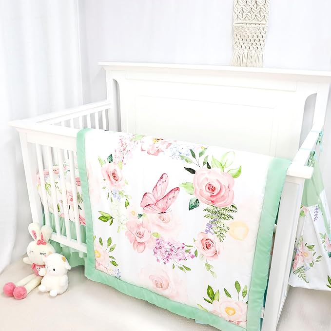 4-Piece Crib Bedding Set, Baby Girl Crib Bedding Set Butterflies Floral Nursery Bedding Set Includes Comforter, Fitted Crib Sheet, Crib Skirt, and Diaper Stacker, Green & Pink-CubbioJoy
