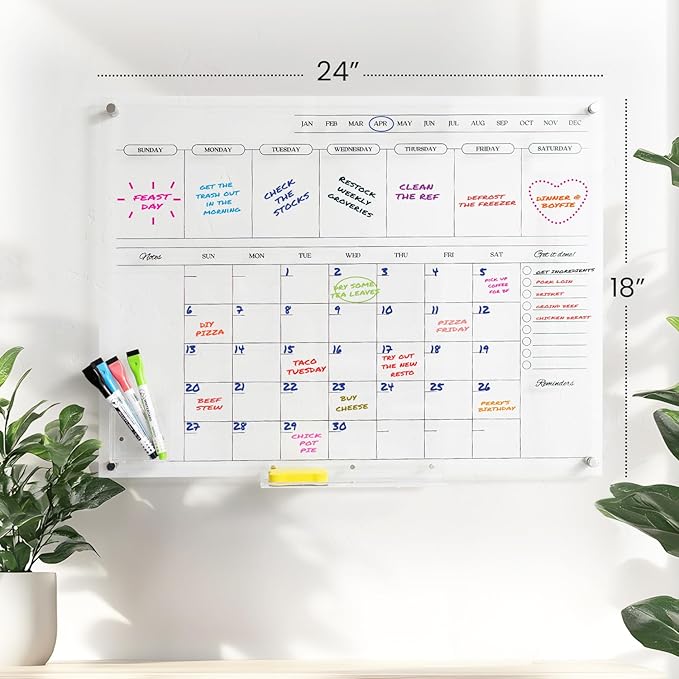Acrylic Calendar for Wall - 24x18” Wall Calendar, Dry Erase Calender, Clear Calendar for Wall, Includes Magnetic Pen, Tray Holders, 4 Markers and 1 Eraser-CubbioJoy