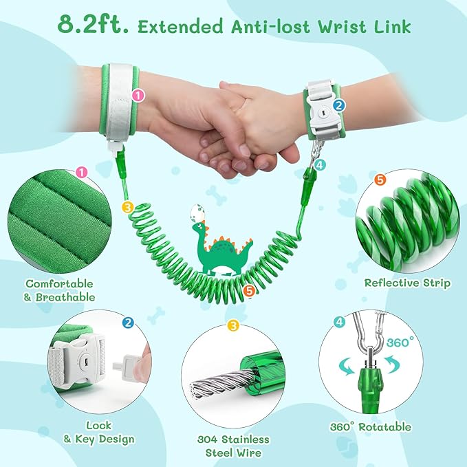 Dr.meter 3 in 1 Toddler Harness Leash + 8.2ft Anti Lost Wrist Link, Cute Dinosaur Kids Safety Harness Tether with Key Lock, Child Protective Leashes While Walking for Outdoor Activity Keep Kids Close-CubbioJoy