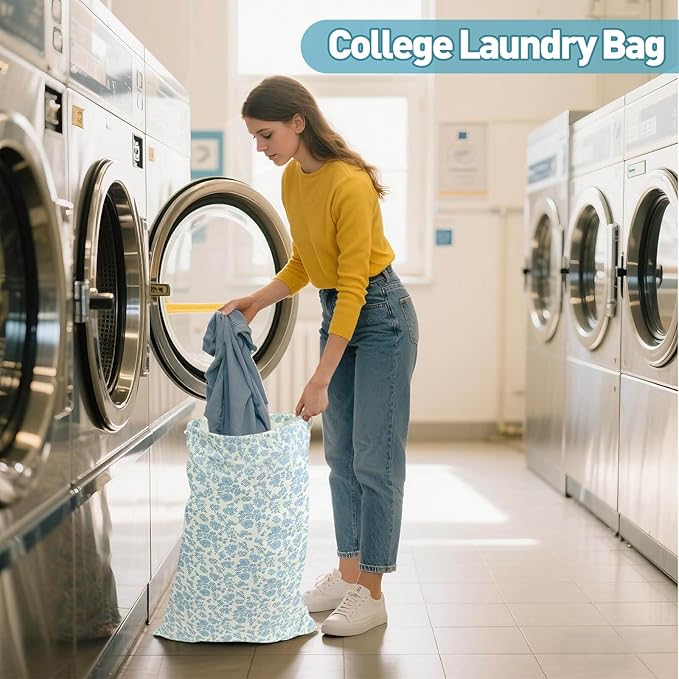 College Laundry Bag, Dirty Clothes Laundry Bag With Drawstring Handles For College Dorm Laundromat Apartment Travel Camp 29" X 18" Women Girls Back To School Birthdays Gift, Blue Florals-CubbioJoy