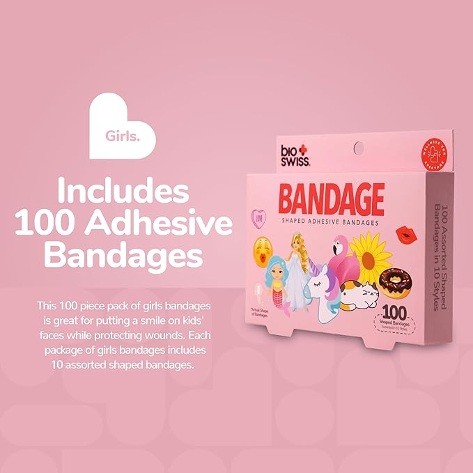 BioSwiss Bandages, Assorted Animal, Fun and Food Shaped Self Adhesive Bandage for Girls, Latex Free Sterile Wound Care, 100 Count-CubbioJoy