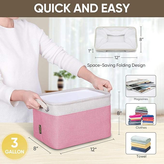BALEINE 1 Pack Fabric Storage Bins for Shelves, Linen Storage Baskets for Organizing, Decorative Closet Bins for Clothes, Home (Pink, 12"x8"x8")-CubbioJoy