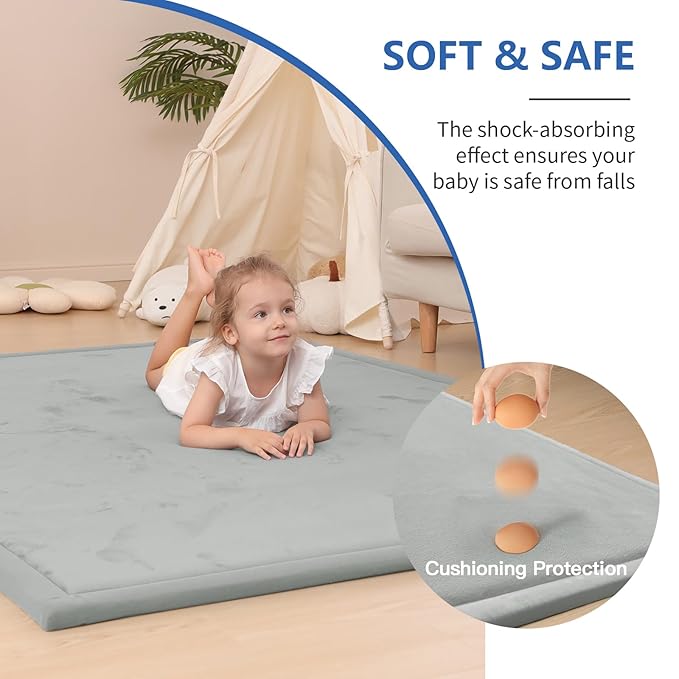 Baby Play Mat for Floor,1.3" Thick Elasti-Foam 74×50 Playpen Mat for Toddlers Infant Kids,Water-Repellent Soft Coral Velvet for Tummy Time, Non-Slip Backing for Crawling,Tatami Style(Light Grey)-CubbioJoy