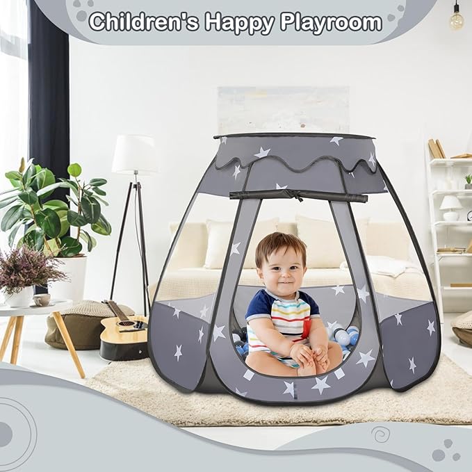 Baby Ball Pit for Toddler with 50 Balls, Kids Pop Up Play Tent for Girls, Princess Toys Gifts for Children Indoor & Outdoor Playhouse (Black: Gray/White/Babyblue, 109x90cm/50 Balls)-CubbioJoy