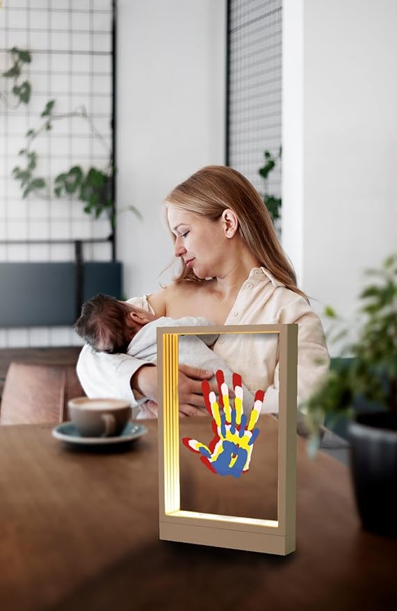 CHERRY CHEERS Family Handprint Kit with Light, Handprint Keepsake Frame, Wooden Led Light, Easy Install, No Need Screw etc, Non-Toxic Paints (White)-CubbioJoy