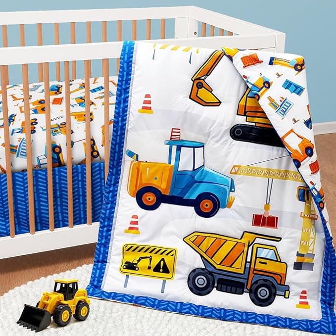 3 Piece Baby Boy Crib Bedding Set Construction Theme Baby Comforter Set for Crib Nursery Bed Set Decor with Fitted Crib Sheet, Comforter and Skirt for Boys Girls (Construction)-CubbioJoy