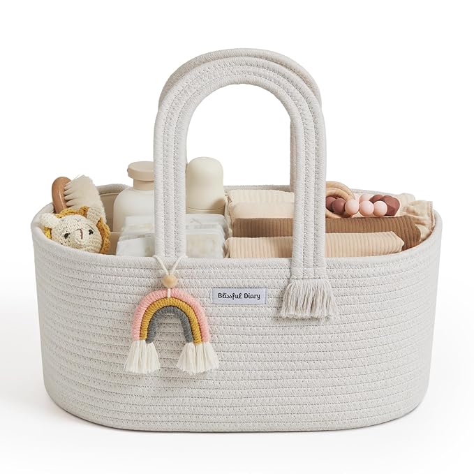 Blissful Diary Baby Diaper Caddy Organizer, Cotton Rope Diaper Caddy Basket, Oval Storage Basket, Gift for Baby Shower, Newborn Essentials, Beige-CubbioJoy
