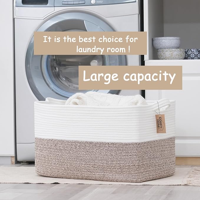 COMFY-HOMI Large Laundry for Organizing|Rectangle Cotton Rope Storage with Handles|Blanket for Living Room|Woven Laundry for Towels, Toys, Clothes-22x15x12”-White/Brown-CubbioJoy
