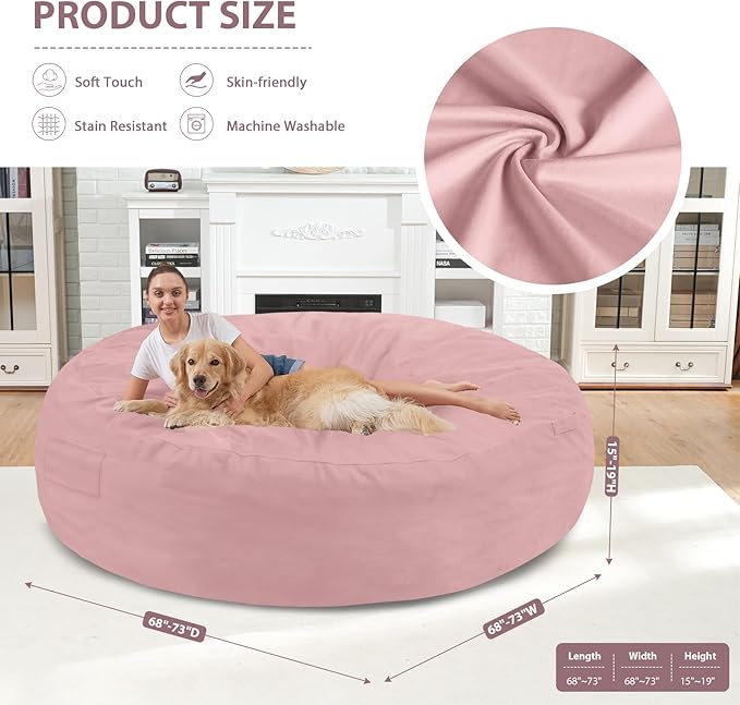 7FT Bean Bag Chair, Large Bean Bag Chairs with Memory Foam Filled, Fluffy Beanbag Sofa with Dutch Velvet Cover, Round BeanBag Chairs for Living Room, Playroom - Light Pink-CubbioJoy