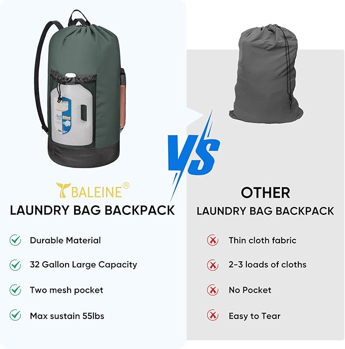 BALEINE 150L Laundry Bag Backpack, 900D Oxford Fabric Large Travel Laundry Bags with Shoulder Straps and 2 Mesh Pockets for College Dorm, Apartment, Laundromat (Dark Grey, 150L)-CubbioJoy