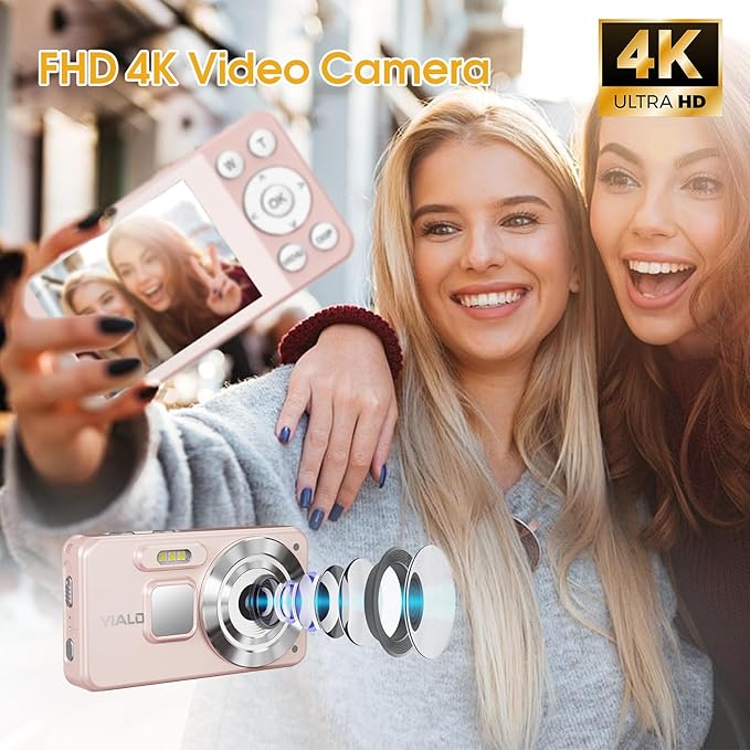 4K Digital Camera for Teens, FHD 64MP Digital Camera for Kids with 64GB SD Card, 18X Digital Zoom Cameras for Photography, Point and Shoot Video Camera for Kids, Pink-CubbioJoy