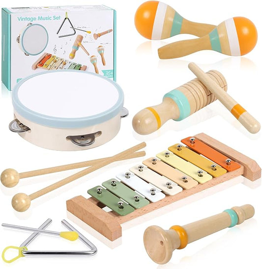 Baby Musical Instruments - Wooden Montessori Toys for Toddlers 1-3, Baby Musical Toys Percussion Instruments Set with Xylophone Tambourine, Neutral Preschool Educational Baby Toys for Boy Girls Gifts-CubbioJoy